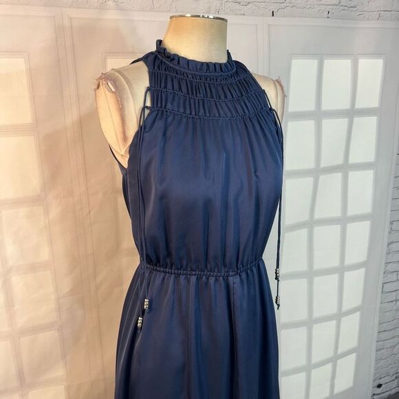 Derek Lam Sleeveless Cinched Pleated Neckline Tassel Blue Satin Midi Dress Sz 4 - Picture 5 of 9